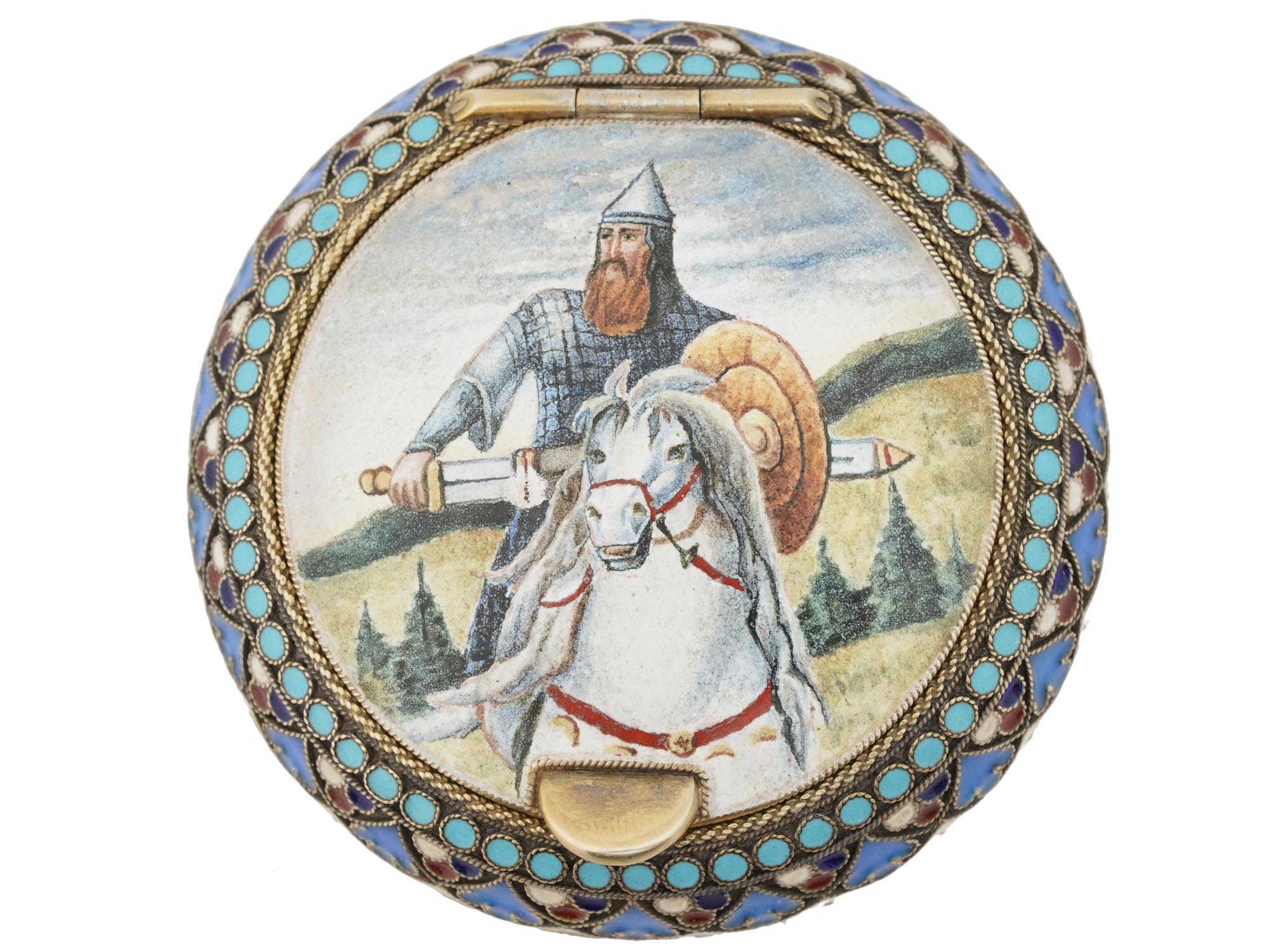 RUSSIAN SILVER CLOISONNE ENAMEL BOGATYR SNUFF BOX PIC-3